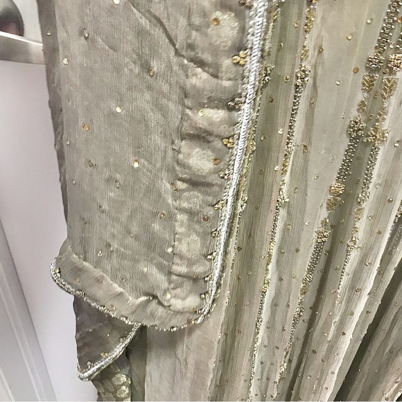 Formal Pakistani 3 Piece Maxi Dress/Churidar Pajama/Dupatta Green/Silver/Gold - Picture 8 of 16